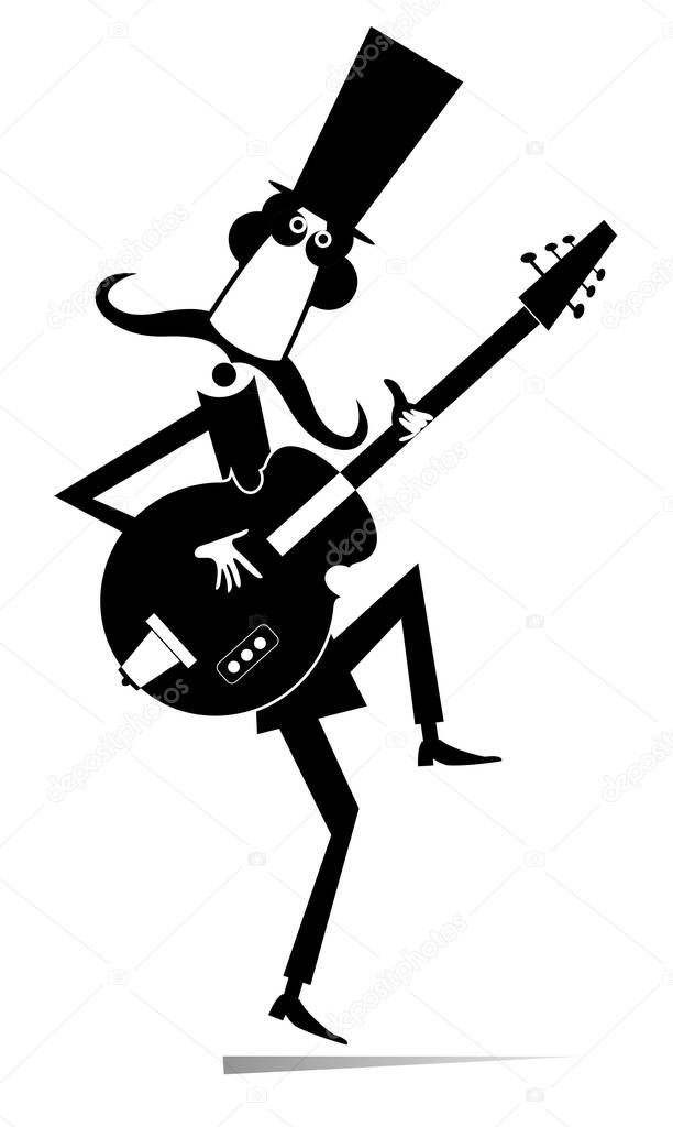 Cartoon long mustache guitarist is playing music isolated illustration. Mustache man in the top hat playing guitar silhouette black on white
