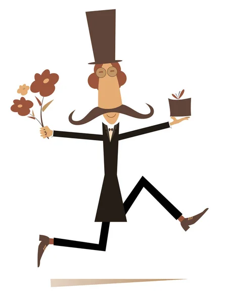 Correndo Homem Com Monte Flores Ilustração Presente Homem Bigode Longo — Vetor de Stock