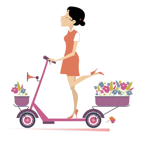 Jolie Jeune Femme Scooter Des Bouquets Fleurs Illustration Jeune Femme — Image vectorielle