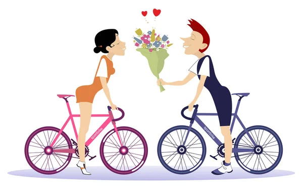 Любов Пара Катається Велосипедах Ілюстрація Букет Квітів Молодий Чоловік Жінка — стоковий вектор
