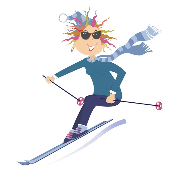 漫画のスキーヤーの女性のイラスト ウィンタースポーツ 白い背景に隔離されたサングラスの若いスキーヤー女性 ベクターグラフィックス