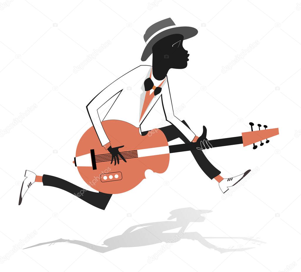 African guitarist illustration. African musician is playing guitar with inspiration isolated on white background