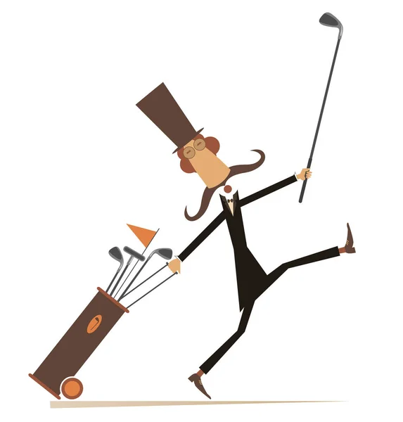 Zabawny Wąsik Gra Ilustracji Golfa Cartoon Długie Wąsy Dżentelmen Cylindrze — Wektor stockowy