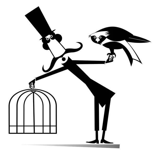 Vtipně Dlouhý Knírek Muž Pták Klec Ilustrace Cartoon Dlouhý Knír — Stockový vektor