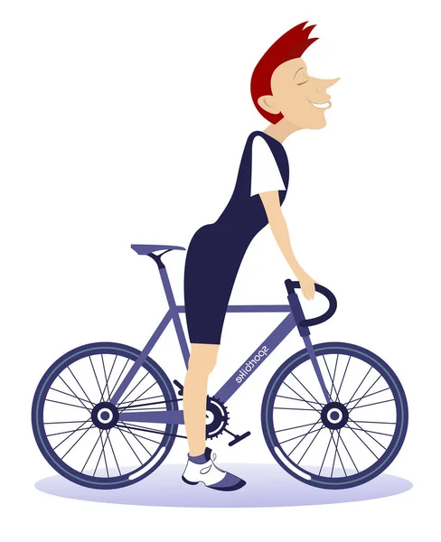 漫画の男は 自転車の孤立したイラストに乗っています 笑顔の若い男は自転車に乗って 健康的で幸せな白い背景に孤立して見えます ベクターグラフィックス