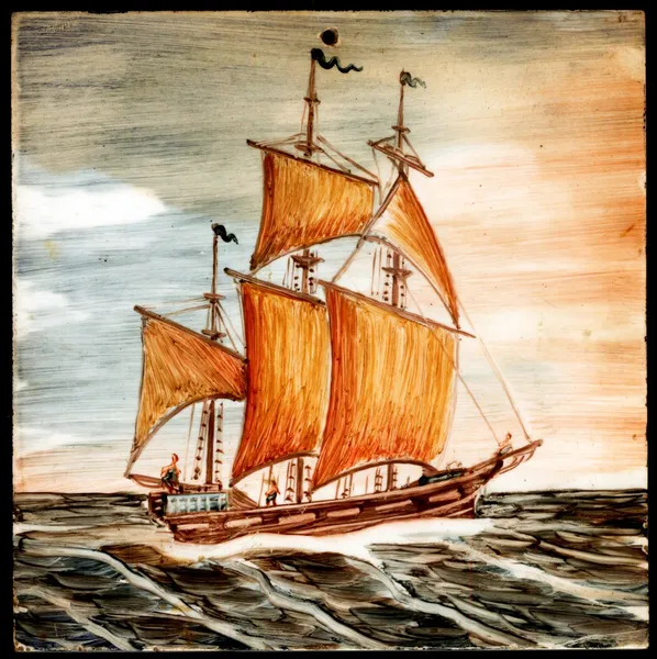 Original old oil painting of sail ship and sea — Stock Photo, Image