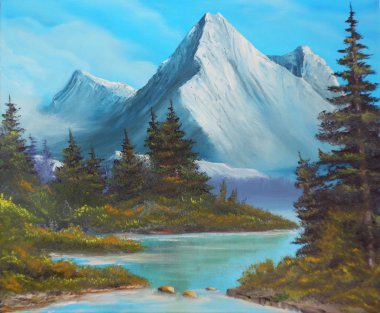 ağaçlar dağ Gölü kıyısında bir tuval üzerine yağlı boya resim