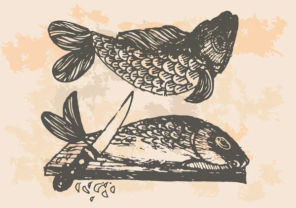 グラフィック プロジェクト、台所でレトロな魚 — ストックベクタ