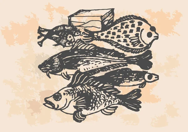 Графический проект, ретро рыба на кухне — стоковый вектор