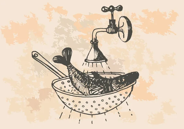 Graphic project, retro fish in kitchen