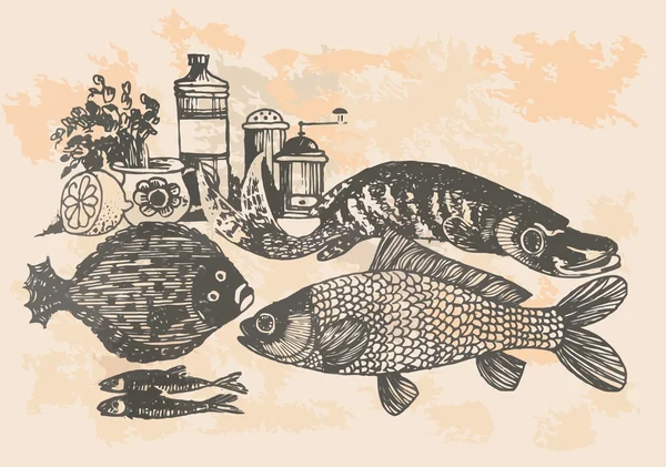 Graphic project, retro fish in kitchen — Stock Vector