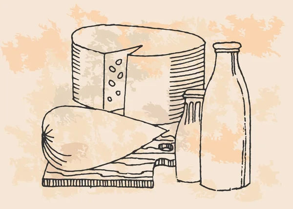 Süt ve süt ürünleri - kalem retro tarzı çizim — Stok Vektör
