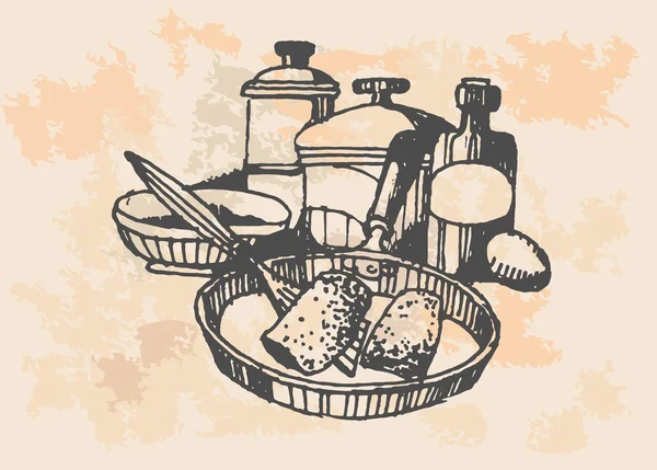 Chicken In Frying Pan - Retro Clipart Illustration - Stok Vektor