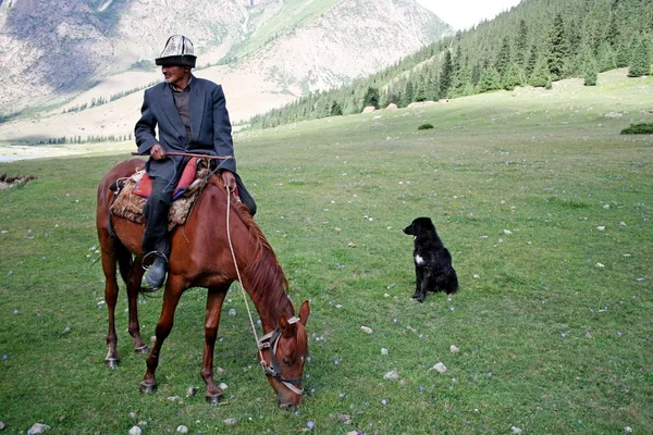 Kyrgyz horseman in Tien Shan mountains — Stock Photo, Image