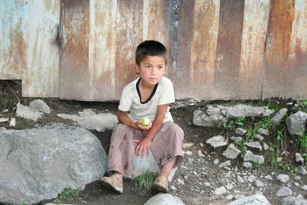 Kyrgyz Boy - дорога в Нарын, Кыргызстан — стоковое фото