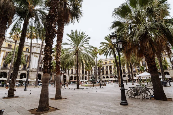 Barcelona Spanien September 2021. Einer der schönsten Touristenorte in Barcelona mit vielen Cafés und Palmen ist der Royal Plaza Real. Schöne Stadt. Schöne Spaziergänge entlang der engen alten Straße lizenzfreie Stockfotos