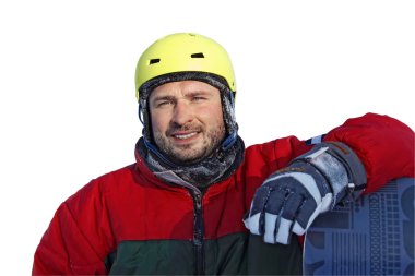 snowboard üzerinde beyaz backgroung izole genç adamla
