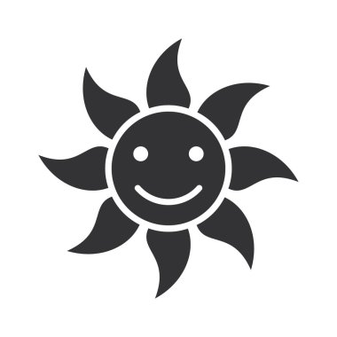 Gülümseyen güneş simgesi silueti beyaz arkaplanda düz tasarım vektör çizimi.