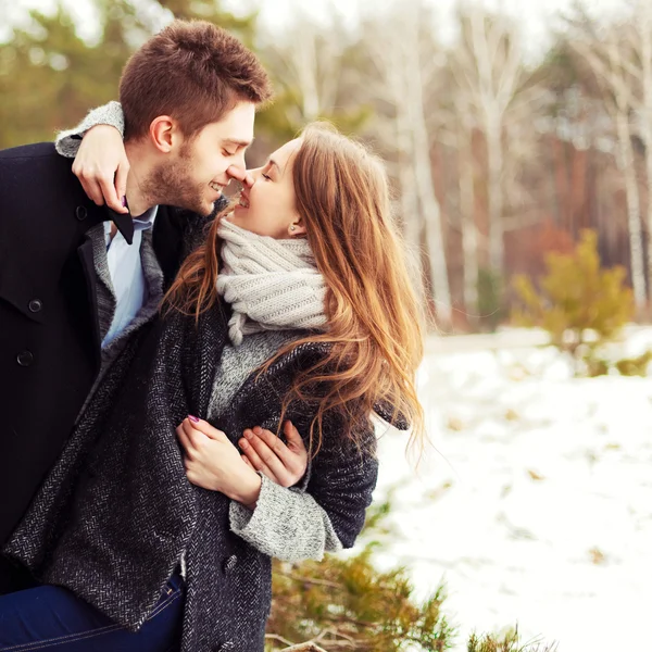 Couple in love in the cold spring forest — Stock Photo, Image