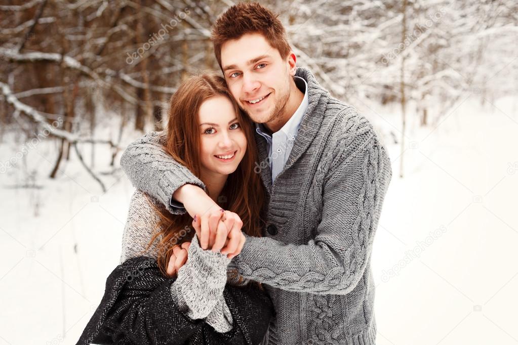 winter portrait of happy couple.
