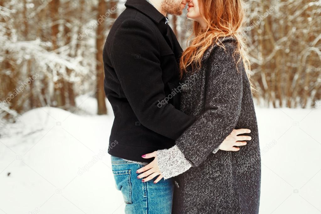 winter portrait of happy couple.