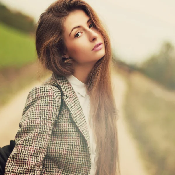 Beautiful brunette on the road — Stock Photo, Image