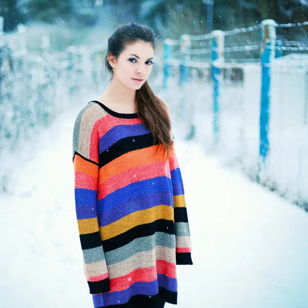 Krásná brunetka v zimě parku. — Stock fotografie