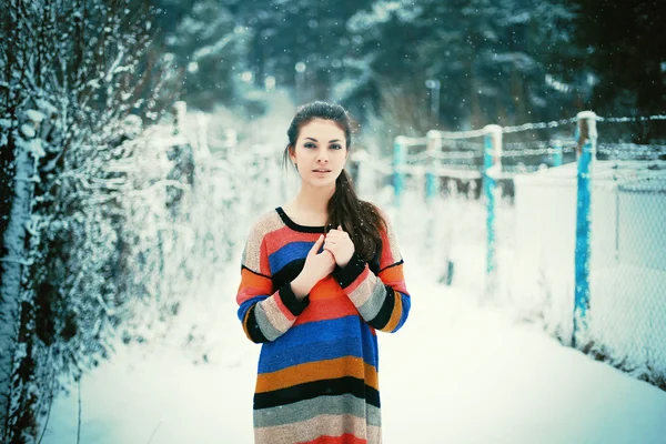 Krásná brunetka v zimě parku. — Stock fotografie