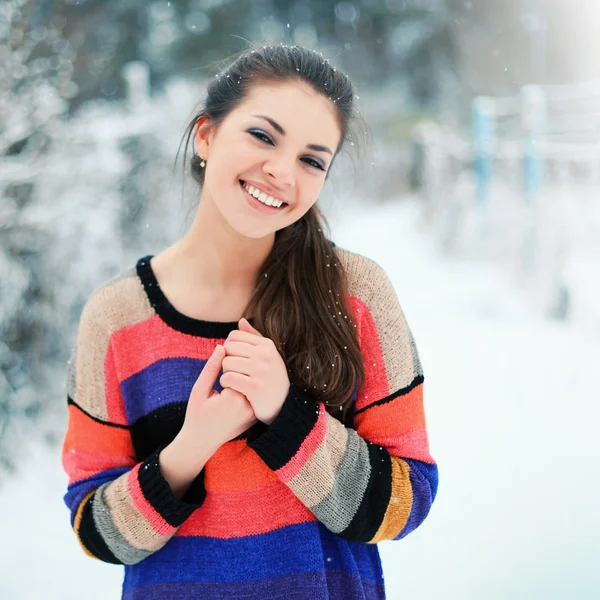 Woman, dressed in colorful sweater. — Stock Photo, Image