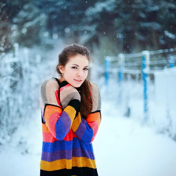 Krásná brunetka v zimě parku. studené barvy, zasněžené počasí. — Stock fotografie