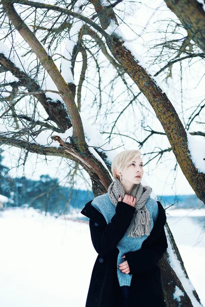 Girl dressed in sweater and scarf. — Stock Photo, Image