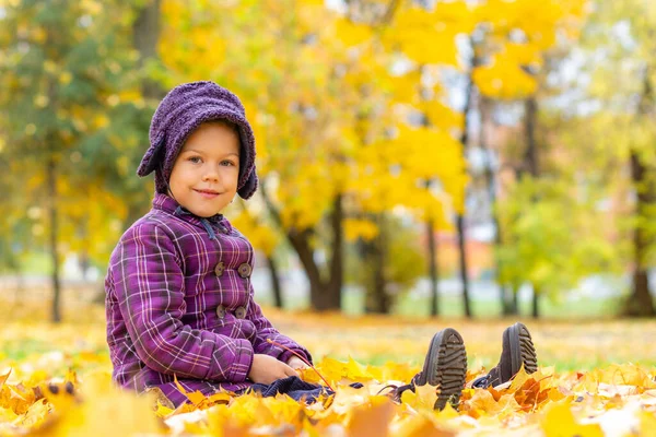 Niña caucásica de cinco años sentada en el suelo con hojas amarillas en el parque de otoño —  Fotos de Stock