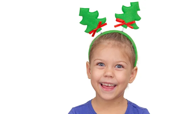 Isolado Sorrindo Engraçado Caucasiano Menina Anos Com Árvores Natal Cabeça — Fotografia de Stock