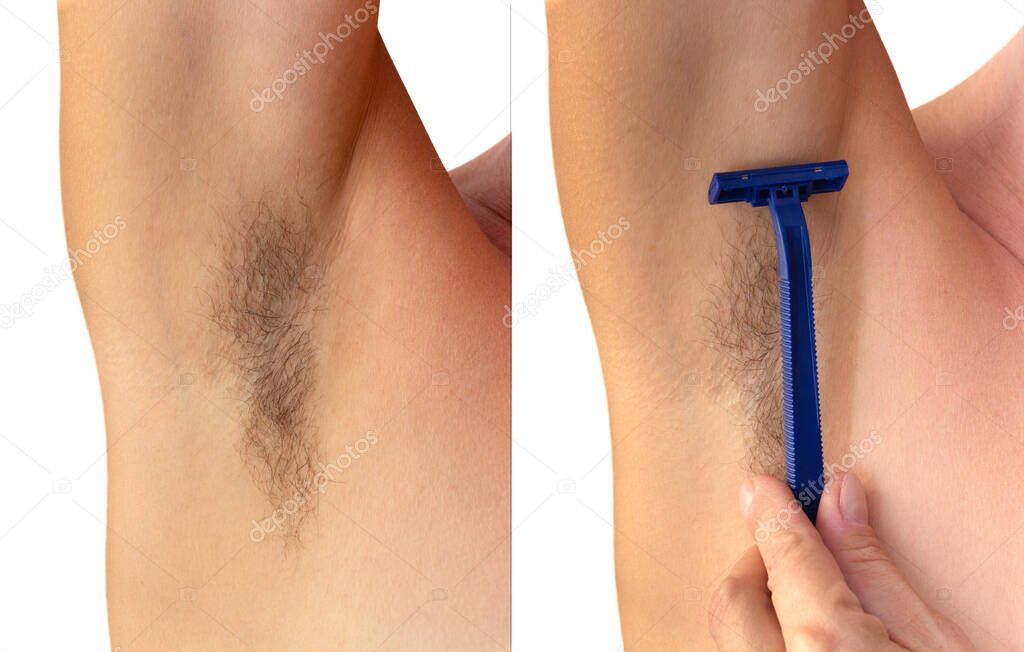 Collage isolated woman hairy unshaved armpit and hairy unshaved armpit with razor on the white background holding arm straight