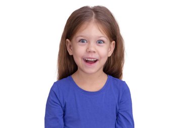 Funny happy surprised with wide opened eyes child kid isolated on white background, looking at camera waist up caucasian little girl of 5 years in blue