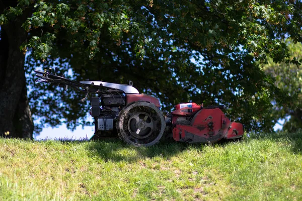 Trator Para Cortar Relva Parque Verão — Fotografia de Stock