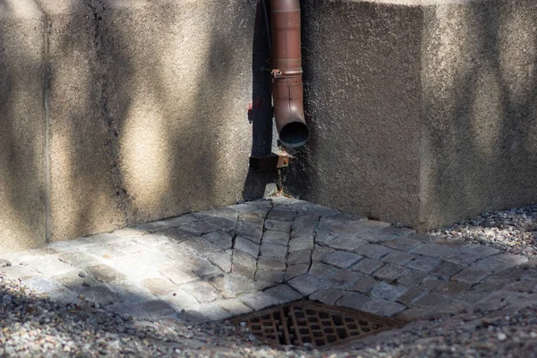 Downpipe Stenen Muur Voor Regenwater — Stockfoto