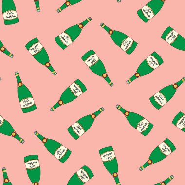 Parti şampanya şişeleri kusursuz vektör geçmişini kutluyor. Çok yönlü desen tekrarlanıyor. Parti için pembeleşmiş el yapımı şarap şişesi, yeni yıl, davetiye, doğum günü, hediye paketi, kumaş.