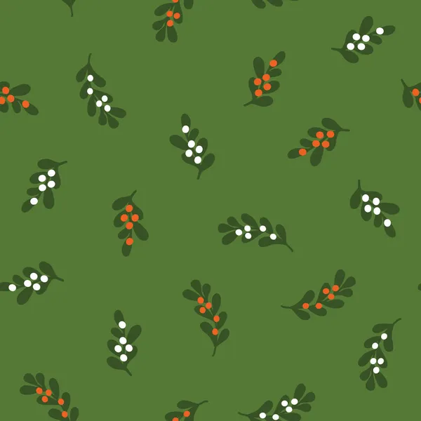 Mistel sömlös vektor mönster. Gröna grenar och röda bär vinter semester bakgrund upprepa kakel. Blommig jul bakgrund enkel minimalism skandinavisk platt stil för tyg, inslagning. — Stock vektor