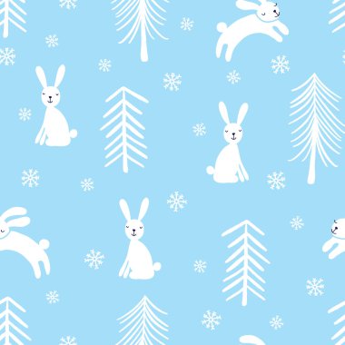 Kar ayakkabısı tavşanı, kar ormanında tavşanlı, çocuksu, kusursuz vektör deseni. Çocuklar için tavşan ağacı arka planı. İskandinav tarzı çocuklar kış illüstrasyonu kumaş ve ambalaj için minimalizm.