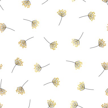 Botanik kusursuz vektör desenli metalik altın folyo. Beyaz arka planda sinsi altın çiçekli siluetler, yabani çim çiçekleri zarif. Hediye paketi, duvar kağıdı, ev dekorasyonu için hassas minimal doğa baskısı.
