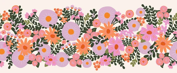 Seamless flower vector border hand drawn. Decorative repeating floral horizontal pattern design purple pink orange flowers. Beautiful floral banner for decor, ribbons, footer, fabric trim. — Stock Vector