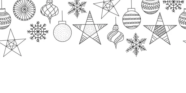 クリスマスは白のシームレスなベクトル境界黒を飾る。ラインアートドアの休日の泡パターンを繰り返し孤立した。かわいい手をシームレスなガーランドを描いた。メリークリスマス新年のシンボルモノクロ — ストックベクタ