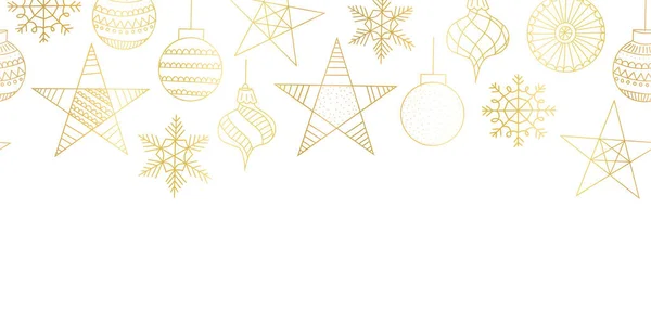 黄金のクリスマスオーナメントシームレスベクトル境界。エレガントな金属ゴールド箔効果ラインアートドアの休日のボールを繰り返し水平方向のヘッダーパターンが隔離された。シームレスなお祝いの庭 — ストックベクタ