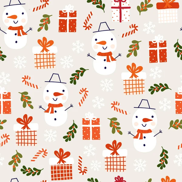 子供クリスマス雪だるまギフトボックスシームレスベクトルパターン。かわいい冬の休日の背景の雪だるま、雪の結晶、プレゼント。生地、包装、ギフトラップのためのパターンフラット北欧スタイルを繰り返し. — ストックベクタ