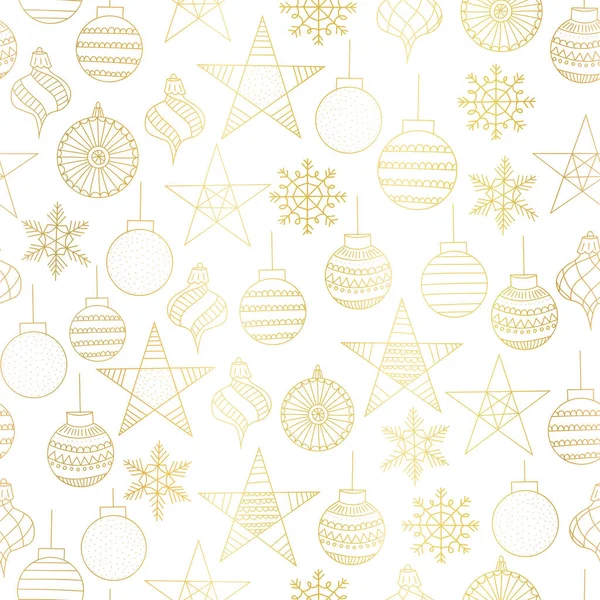 黄金のクリスマスはシームレスなベクトルパターンを飾る。背景の手描きの金属製の金箔クリスマスボール、雪の結晶を繰り返します。ギフトラップ、生地、包装、クリスマスカード、包装のために. — ストックベクタ