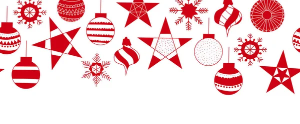 Bordure vectorielle sans couture ornements rouges de Noël sur fond blanc. Boules de vacances boules répétant motif horizontal isolé. Traction de guirlande festive sans couture dessinée à la main — Image vectorielle