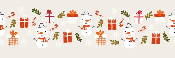 Seamless border Kids Christmas Snowman gift box. Cute winter holiday vector pattern horizontal snowmen, snowflakes, presents. Repeating banner flat Scandinavian style for holiday cards, ribbon, footer — Stock Vector
