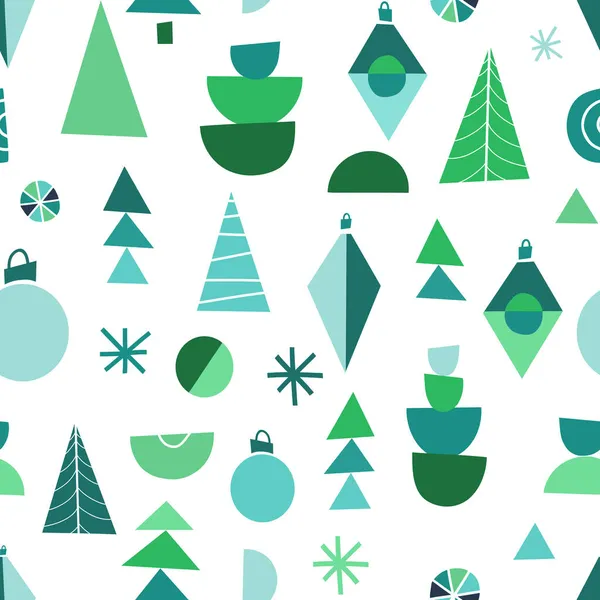 Modern abstract Christmas pattern. Seamless vector background with festive geometric shapes, Christmas trees, ornaments, baubles. Mid century modern green blue winter holiday design for fabric, wrap. — Stock Vector