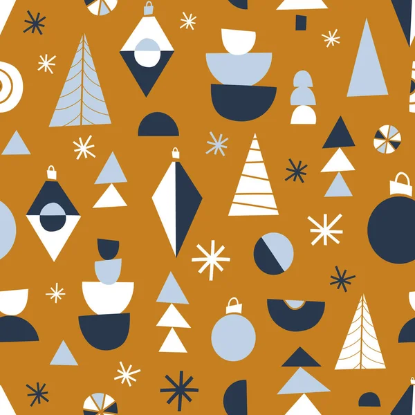 Contemporary Christmas pattern. Seamless vector Holiday background. Mid century modern festive abstract geometric shapes, Christmas trees, ornaments, baubles. Mid-century vintage retro art blue gold. — Stock Vector